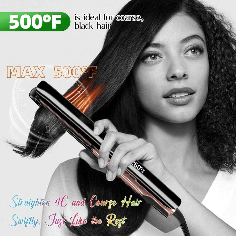 Person using a black and rose gold hair straightener on long hair