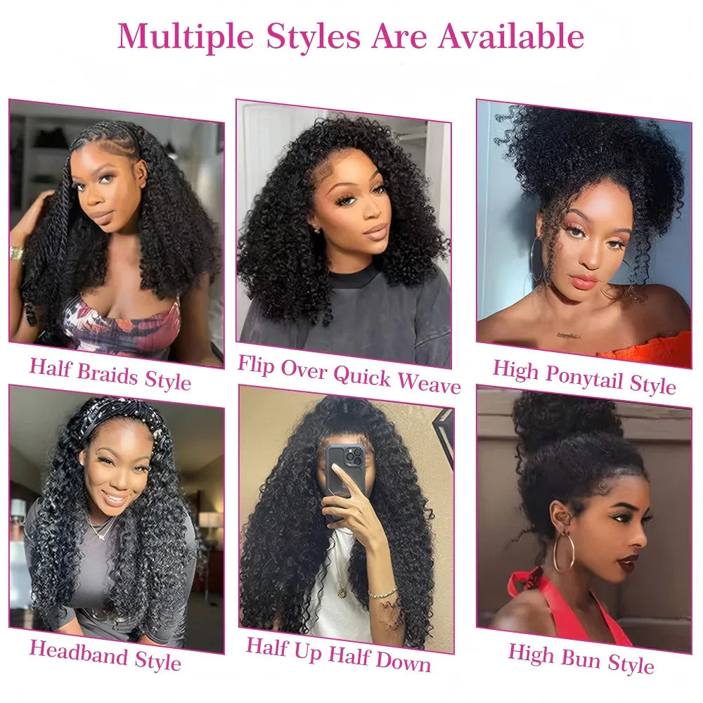 Different styling options for a kinky curly wig including ponytails and half up half down styles