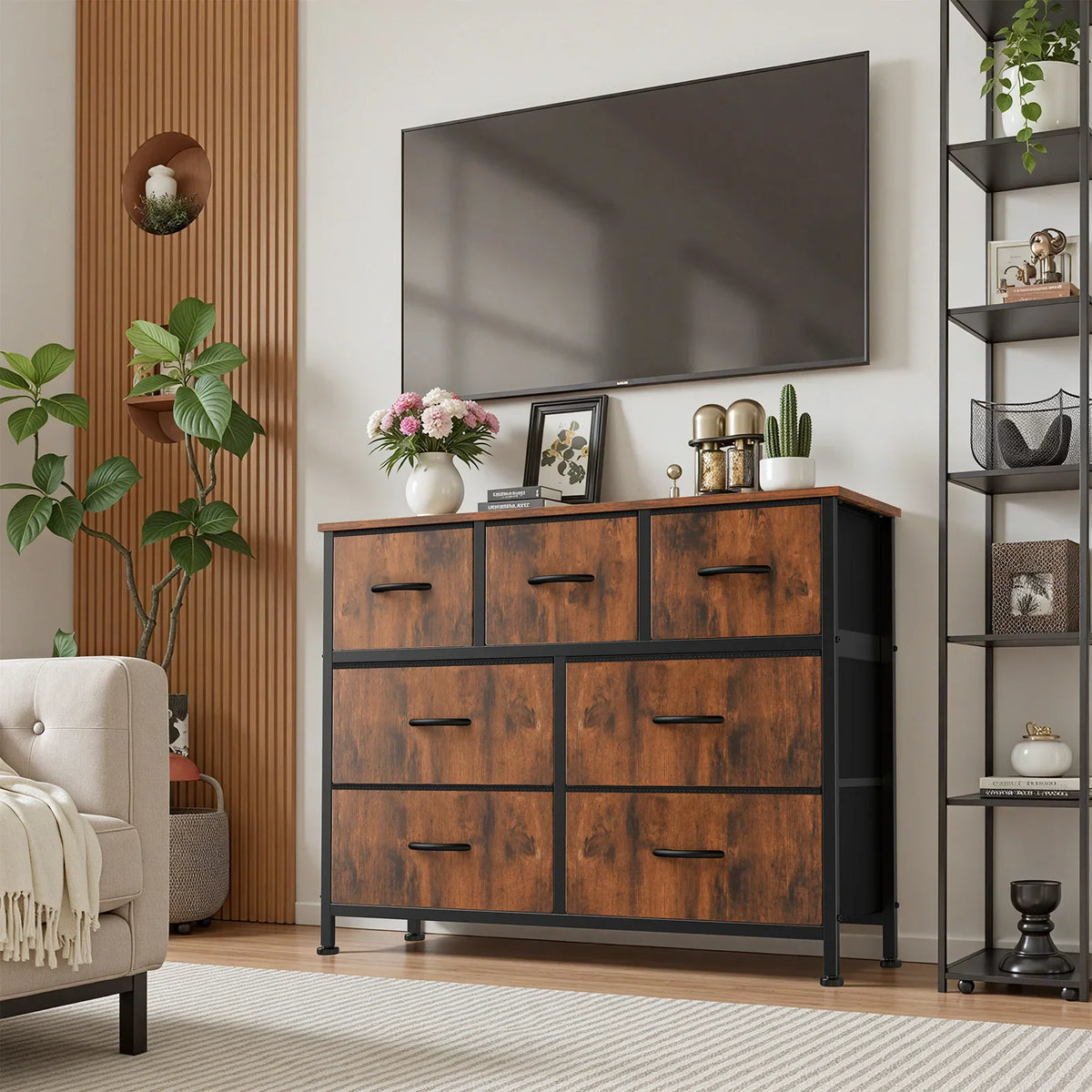 JHK 7-drawer fabric dresser with metal frame and wooden top in a bedroom setting