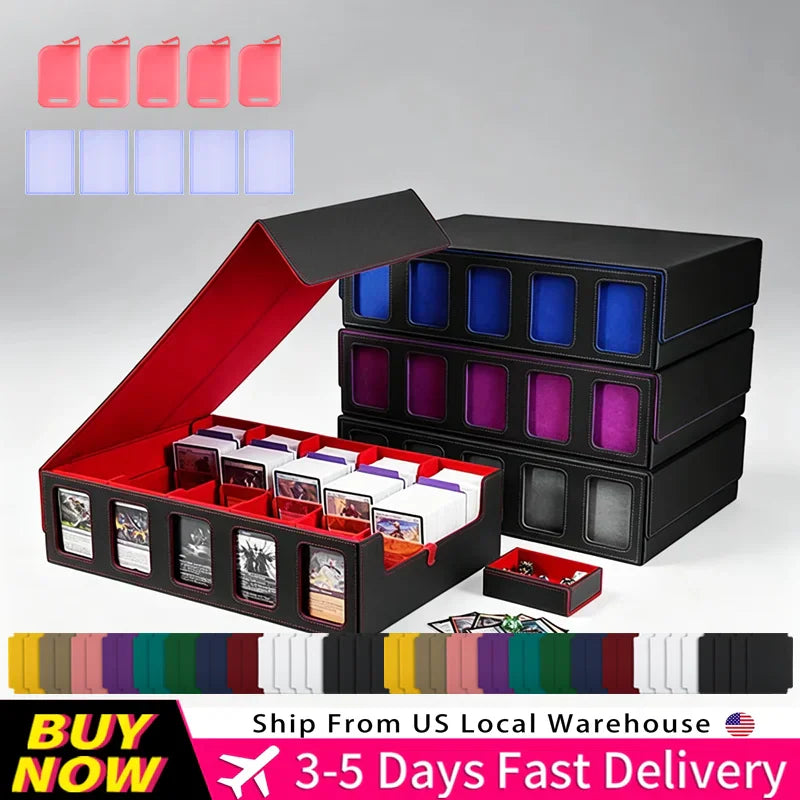 5-row trading card deck storage box with removable lid, dice tray, and colorful dividers.
