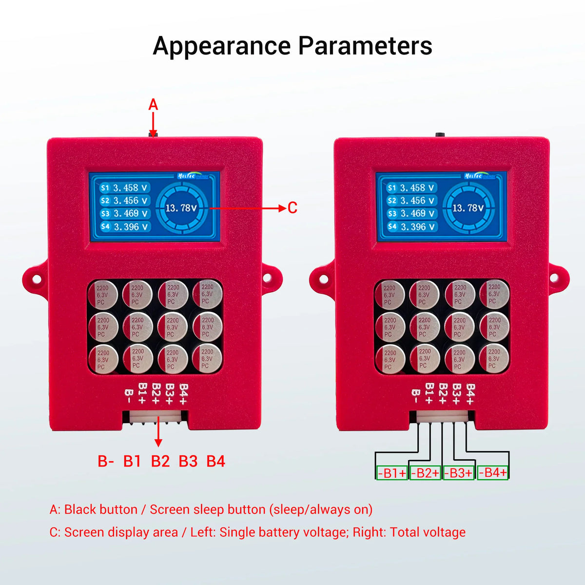 Diagram showing appearance parameters and wiring for 4S battery balancer