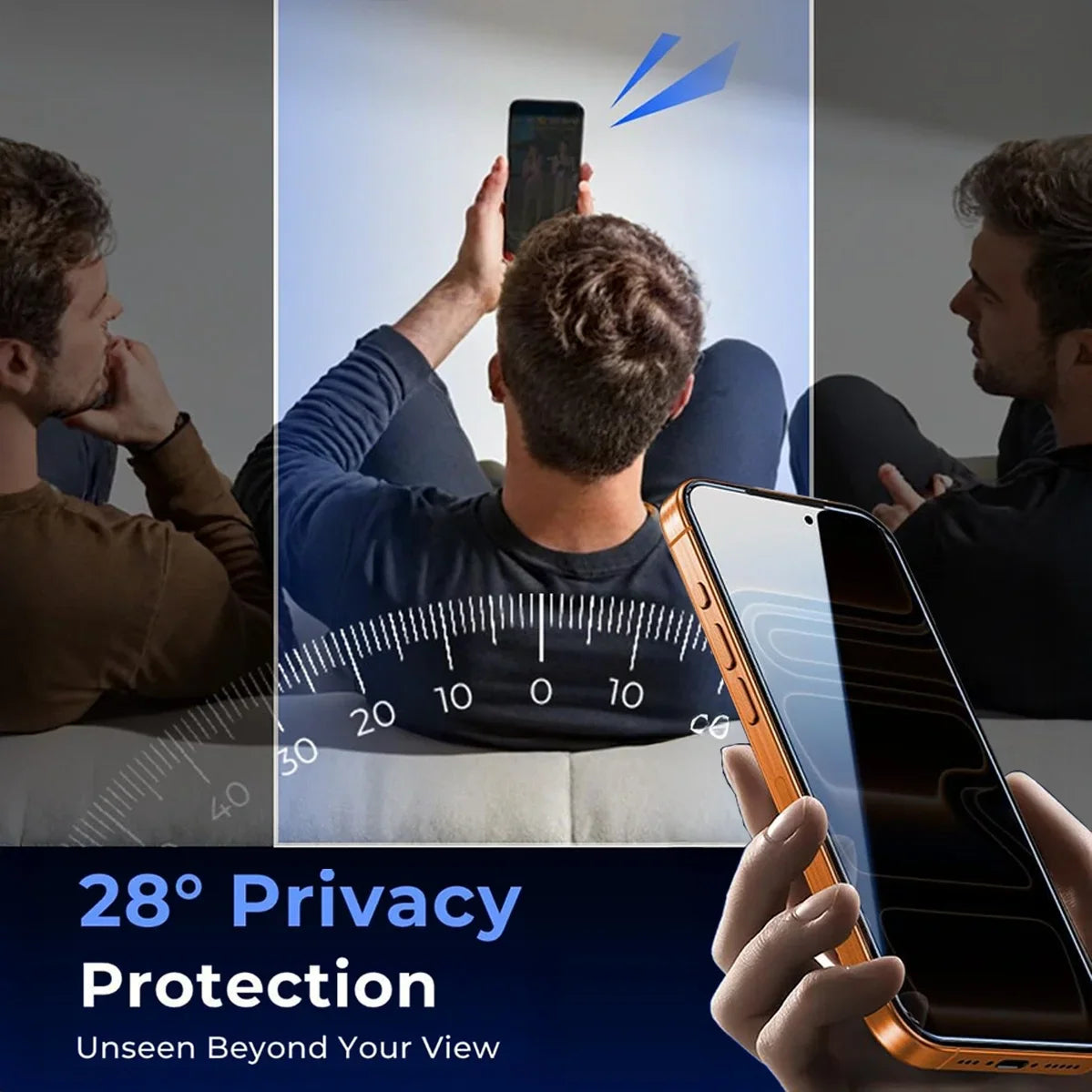 Smartphone privacy screen protector demonstrating 28-degree visibility protection