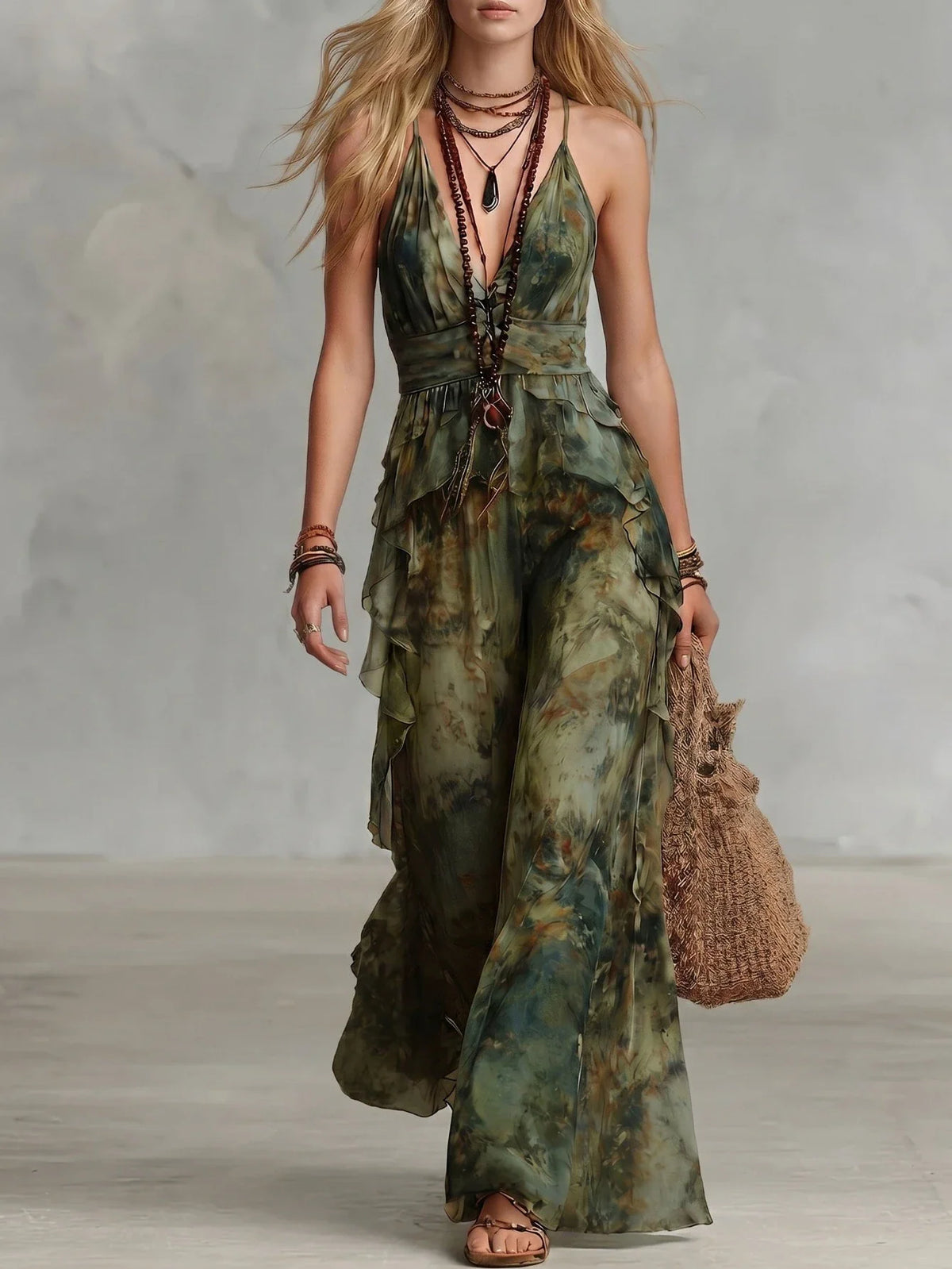 Woman wearing a green and brown tie-dye spaghetti strap ruffled maxi dress with a deep v-neck, bohemian style