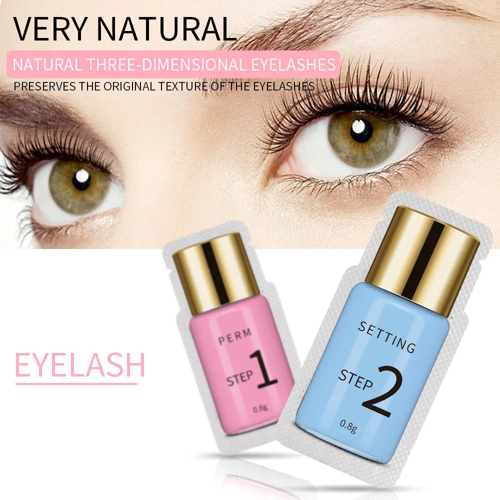 Pink and blue lash perm and setting lotion sachets next to an eye showing lash lift results