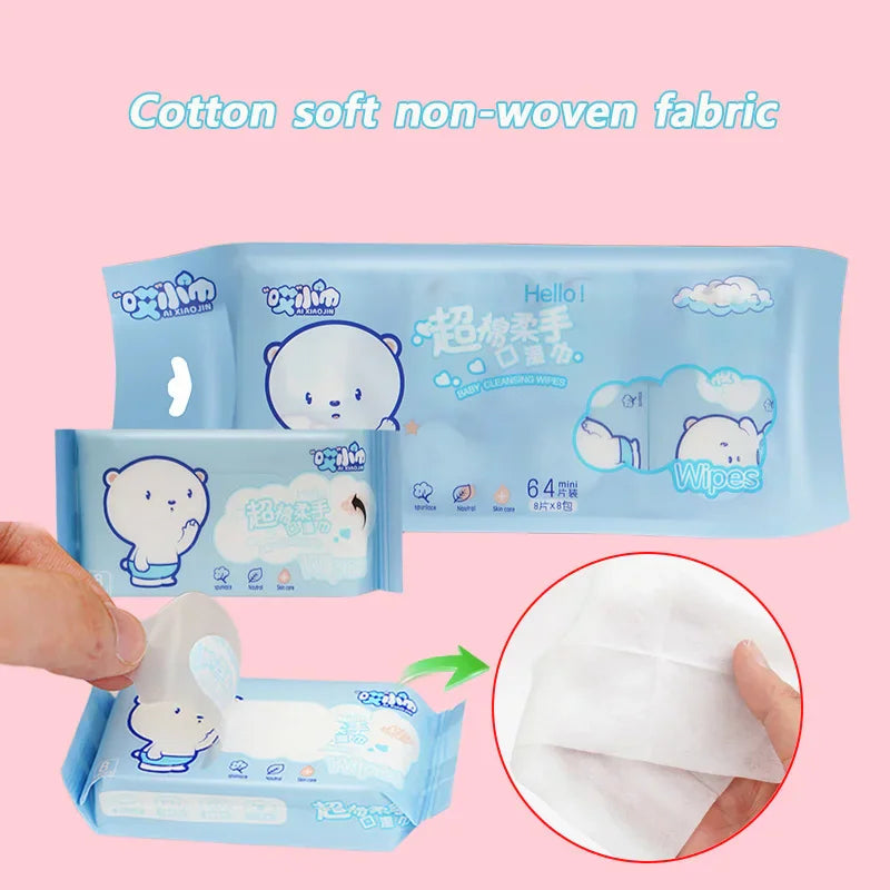 Close up of baby wet wipes showing fabric texture and packaging.