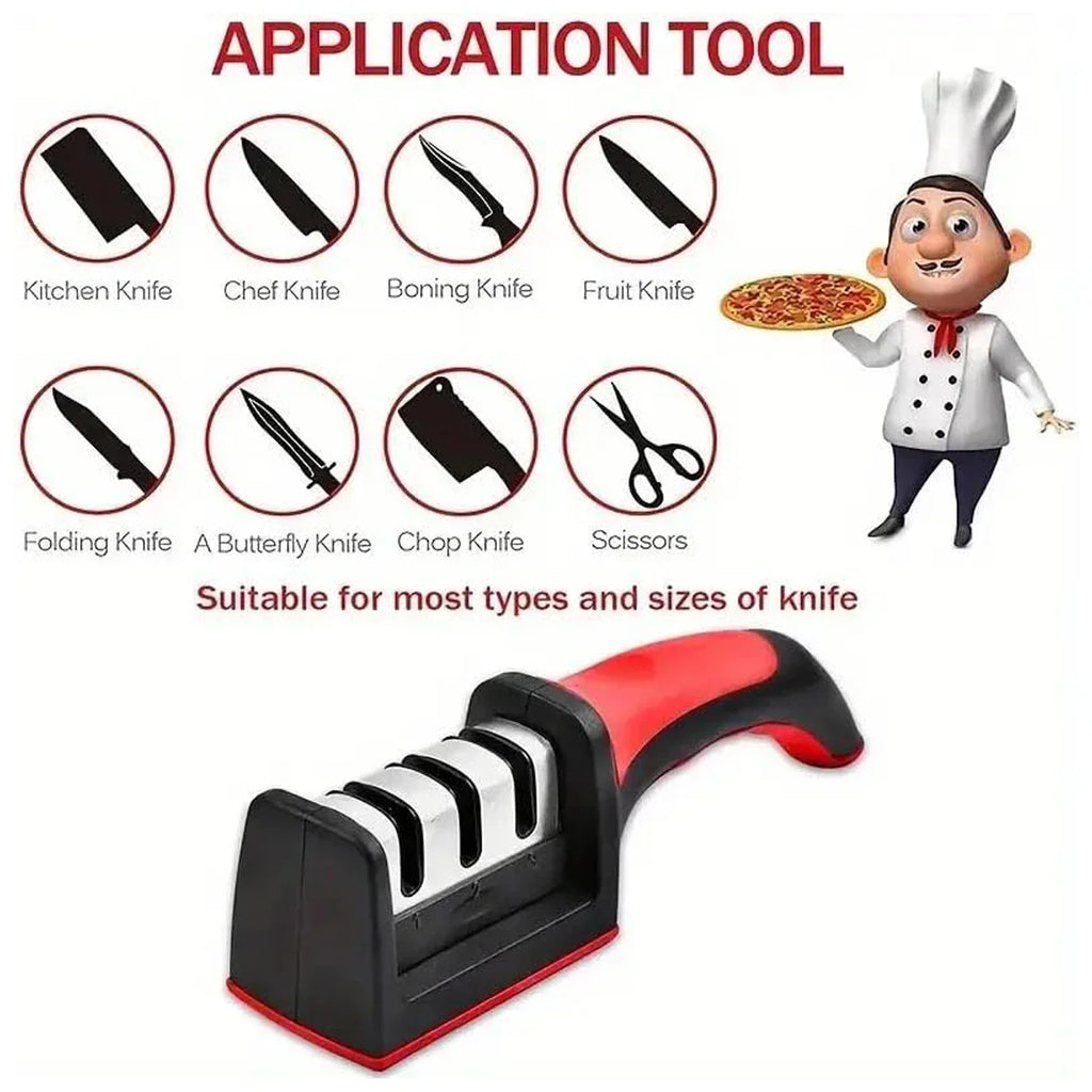 Application guide showing various knives and scissors compatible with the manual sharpener.