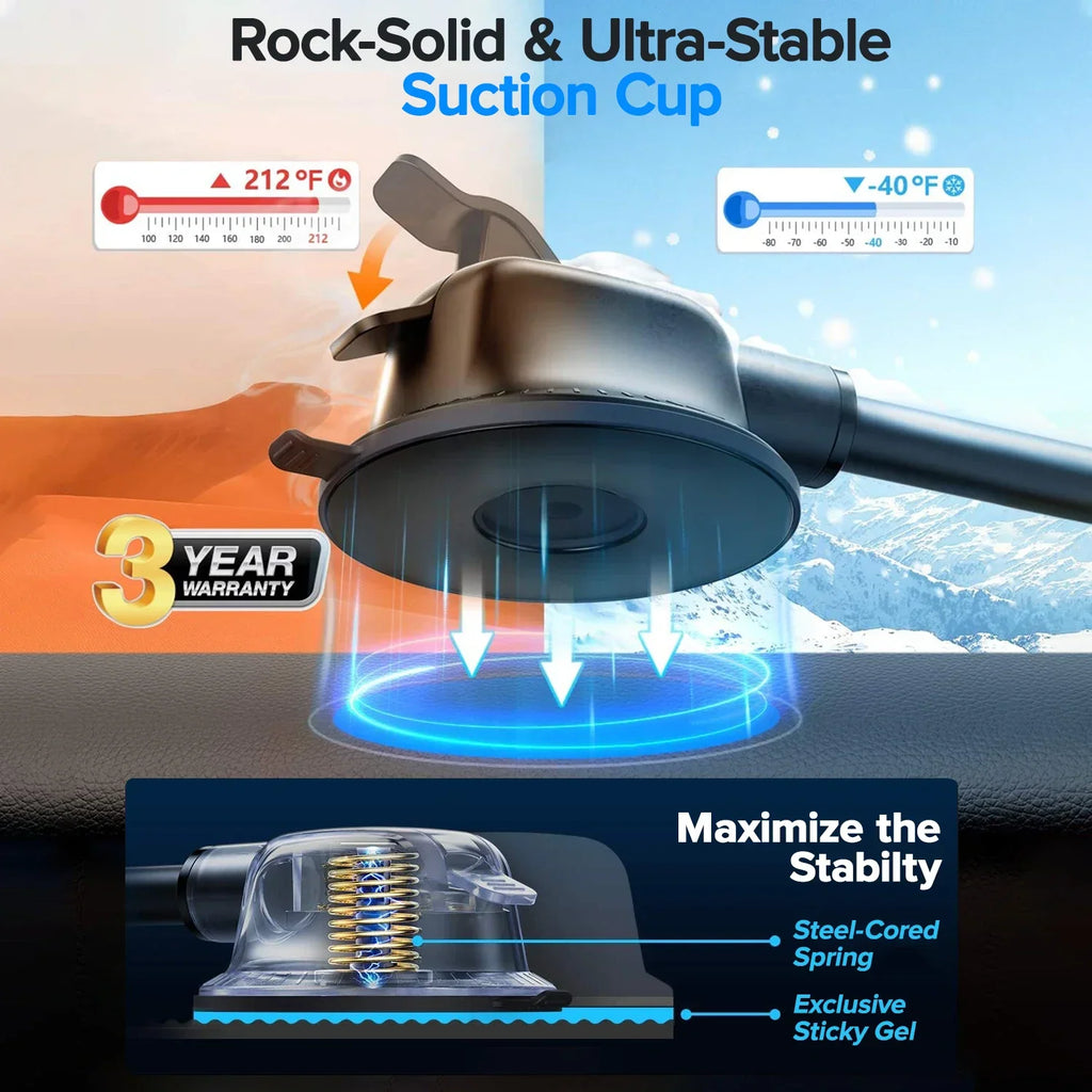 Features of a car phone holder suction cup showing temperature resistance and warranty.