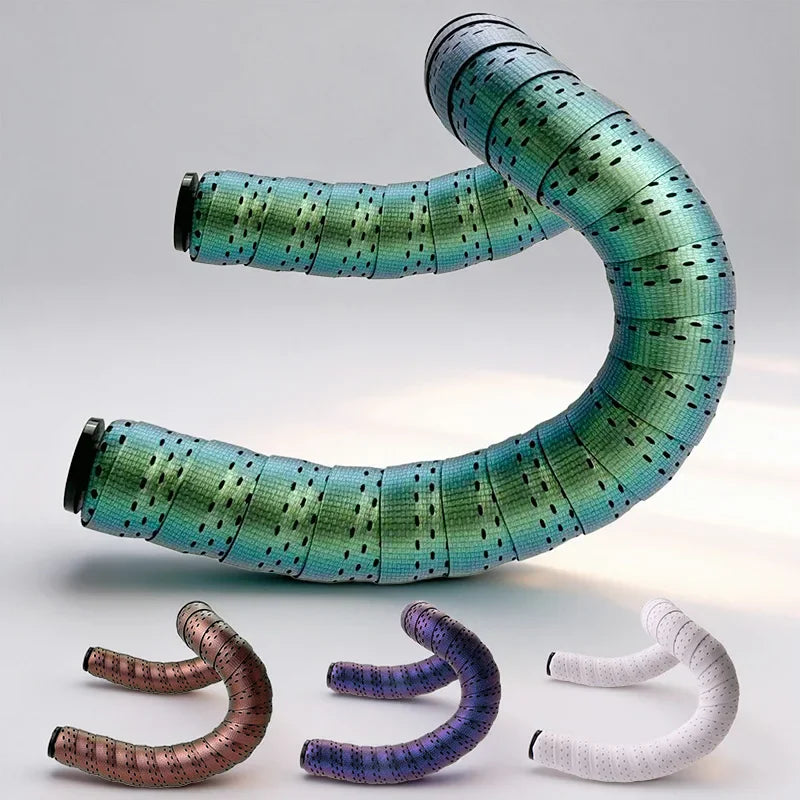 Four different color variants of iridescent bicycle handlebar tape presented on a white background.