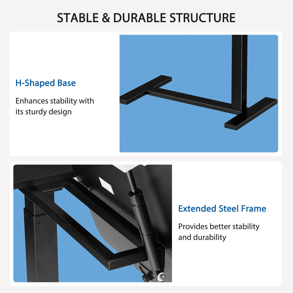 Diagram highlighting the H-shaped base and steel frame construction of a mobile laptop table.