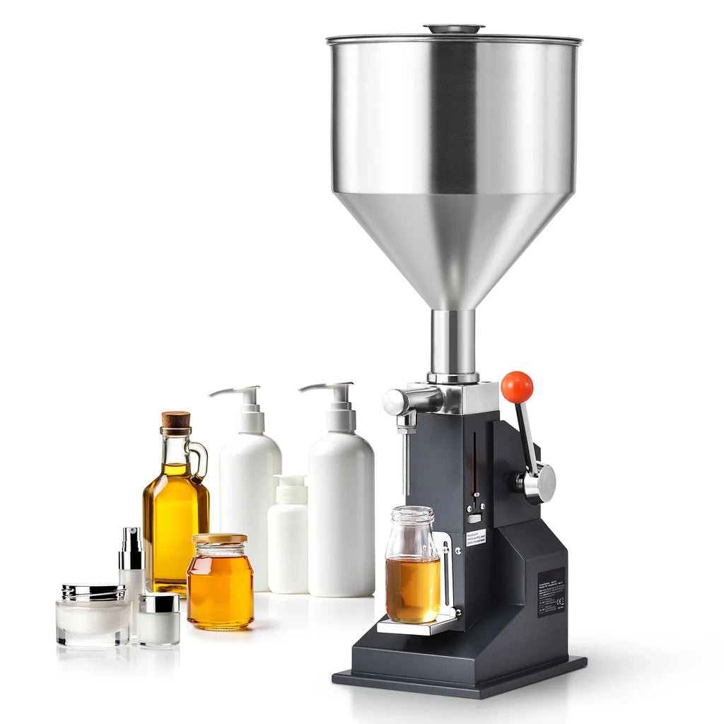 Manual liquid and paste filling machine with stainless steel hopper and various filled bottles