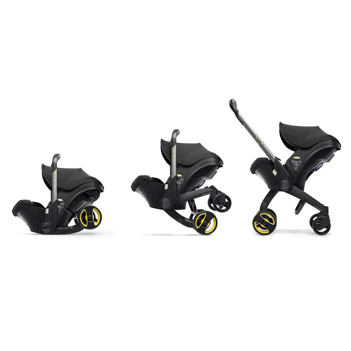 Black infant car seat transitioning from car seat mode to stroller mode