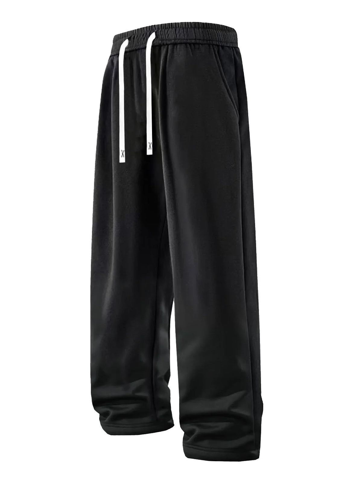 Black loose drawstring sports pants with straight leg fit.