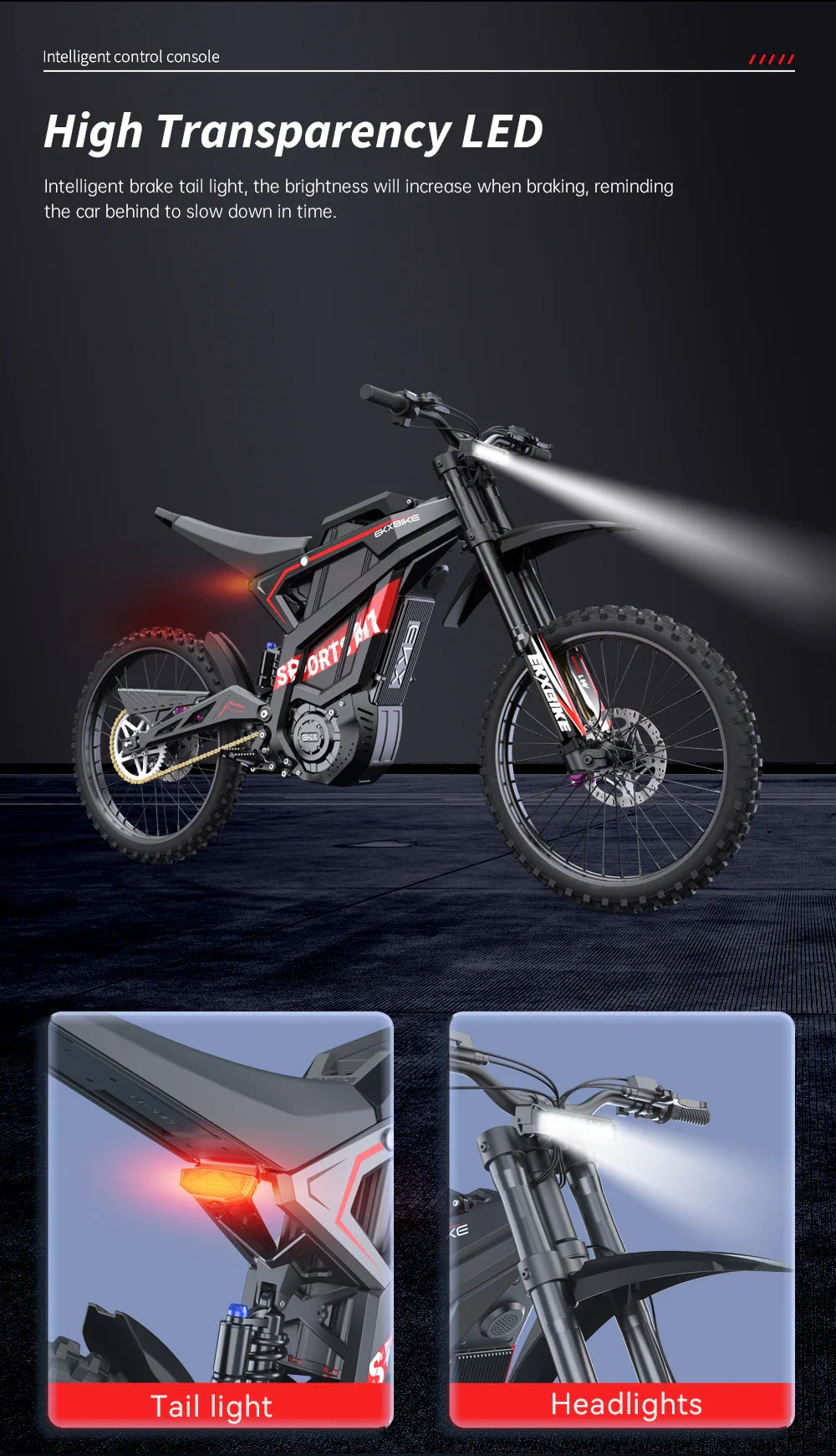 Electric dirt bike showing headlight and taillight features in separate boxes