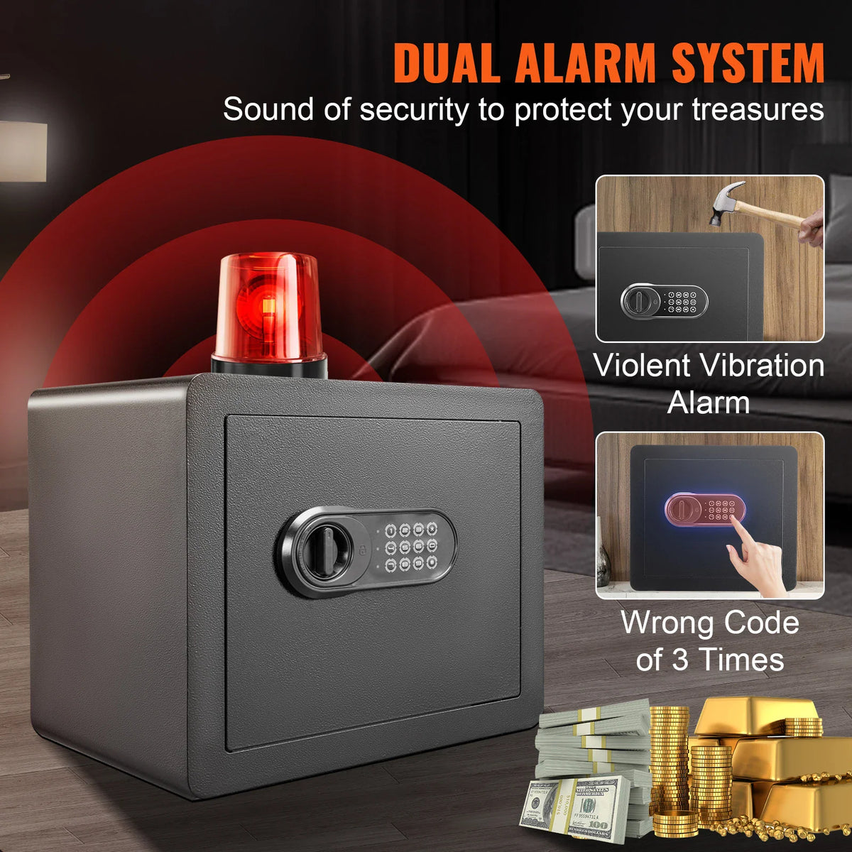 Black home safe with digital keypad featuring a dual alarm system for vibrations and incorrect codes.
