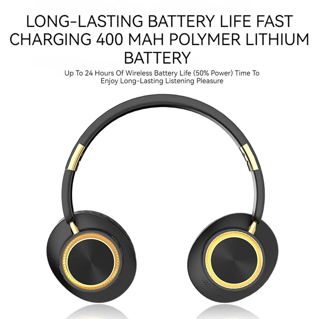 Black and gold over-ear wireless headphones shown from a front view.