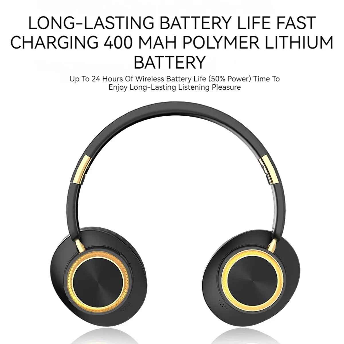 Black and gold over-ear wireless headphones shown from a front view.