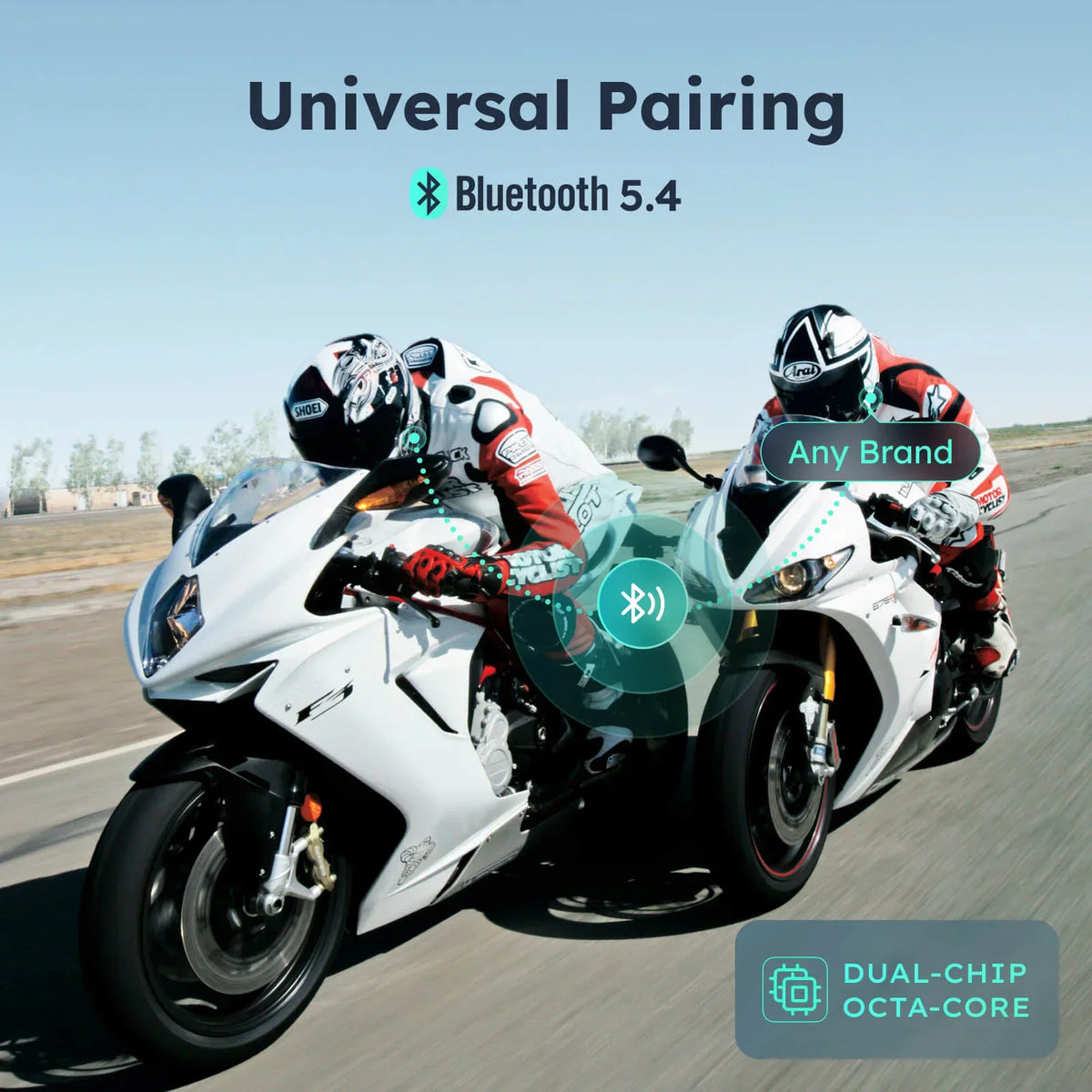 Motorcyclists on a highway with universal pairing information overlay