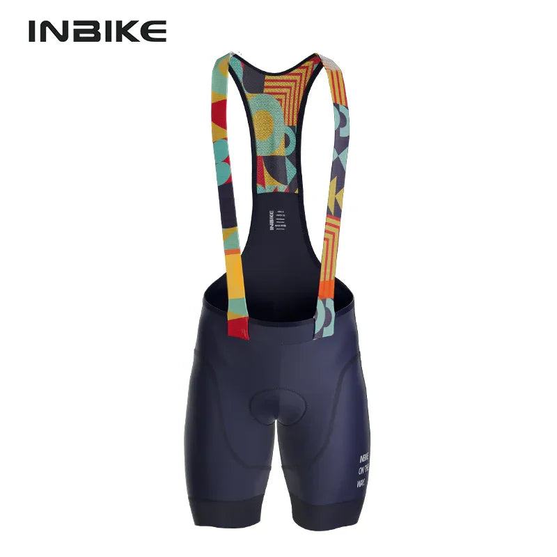 Men's dark navy cycling bib shorts with patterned straps