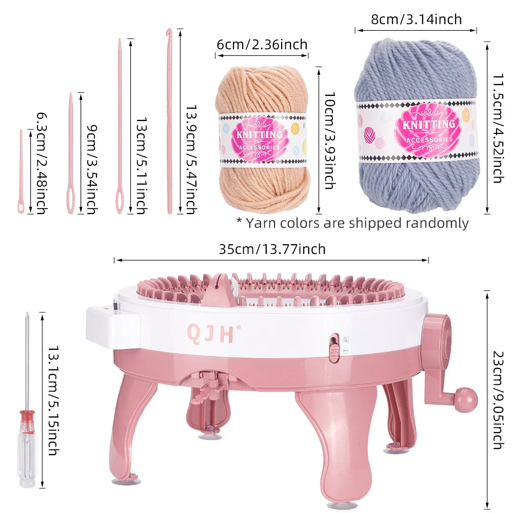 Circular knitting machine and accessories with labeled dimensions.