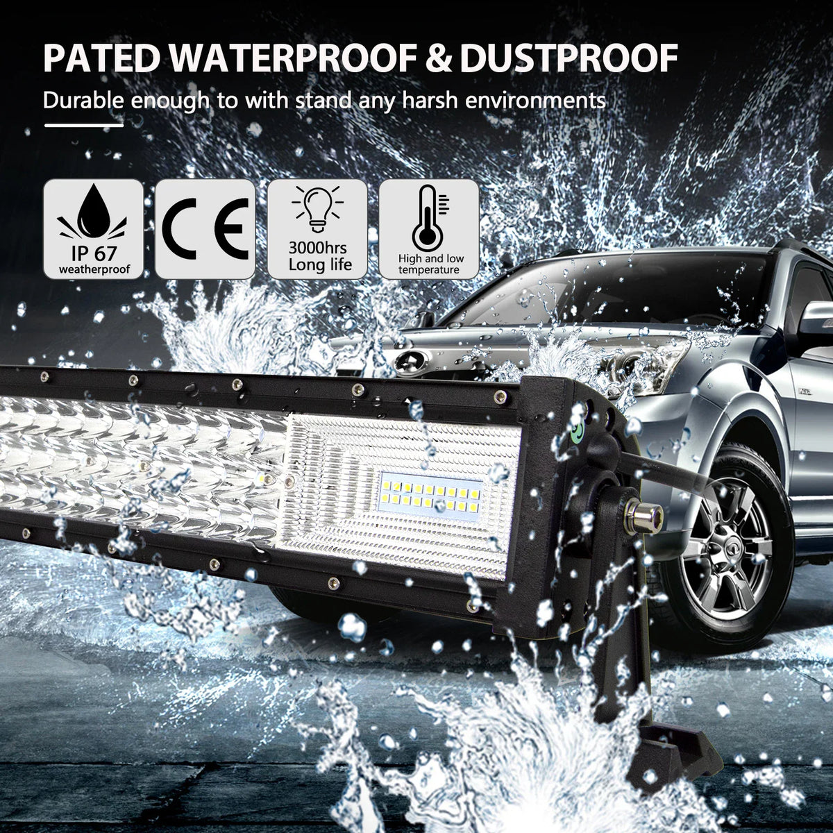 Waterproof LED light bar mounted on a truck front bumper splashing through water