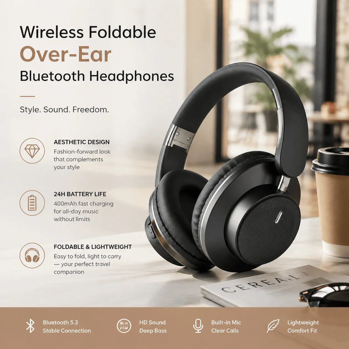 Black wireless over-ear foldable headphones with buttons and icons describing features