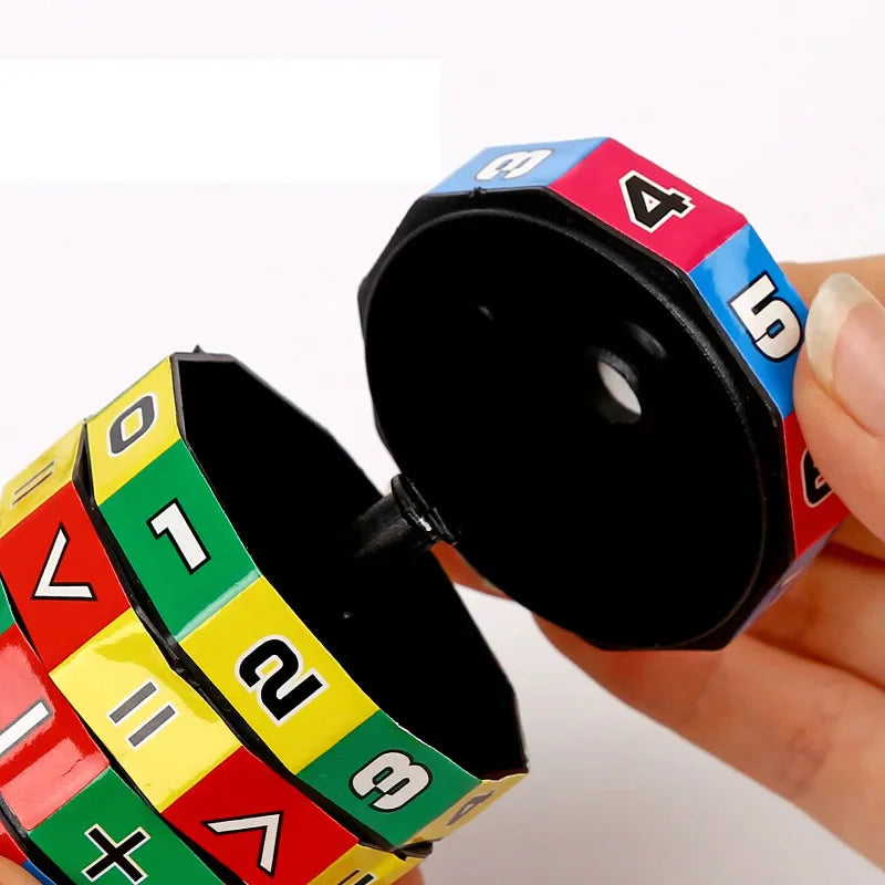 A cylindrical math puzzle toy opened to show the central connecting mechanism
