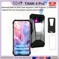 Rugged smartphone with front and rear view, plus a protective case and screen protector, displayed with technical specs.