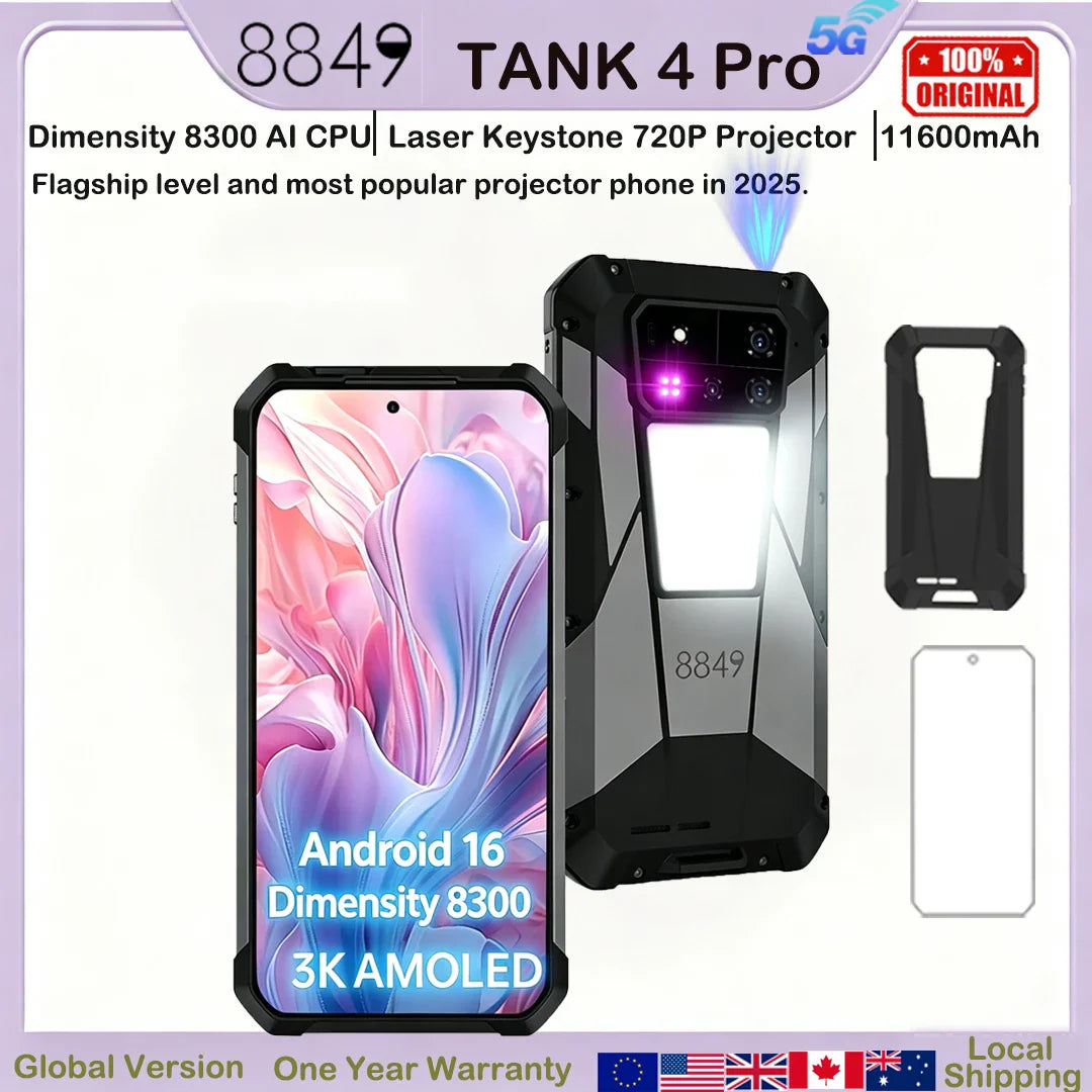 Rugged smartphone with front and rear view, plus a protective case and screen protector, displayed with technical specs.