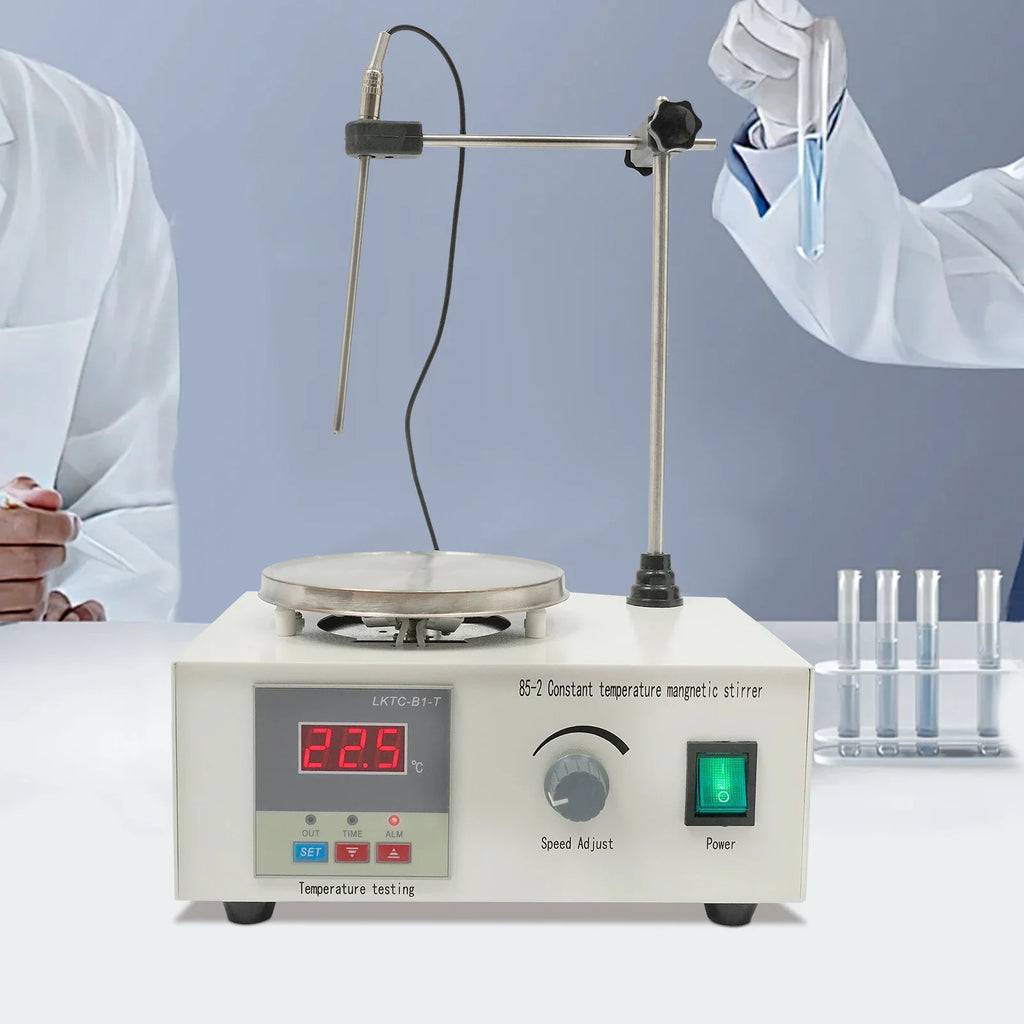 Magnetic stirrer with digital temperature control and heating plate, laboratory equipment with test tubes