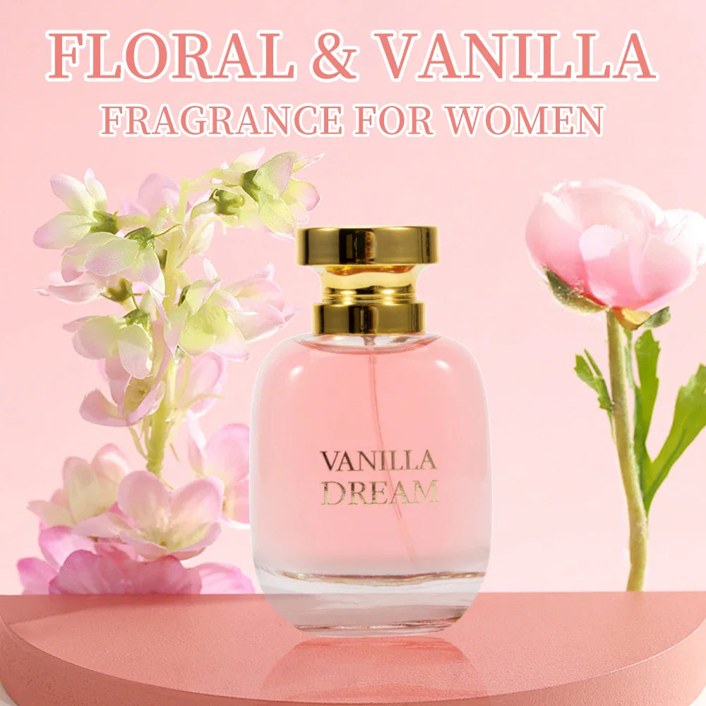 Vanilla Dream floral and vanilla eau de parfum for women in a glass bottle with gold cap surrounded by flowers