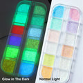 12-grid set of glowing nail glitter powder, comparing appearance in the dark versus normal light