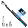 A 3/8 inch digital torque wrench with an LCD display and included socket adapters.