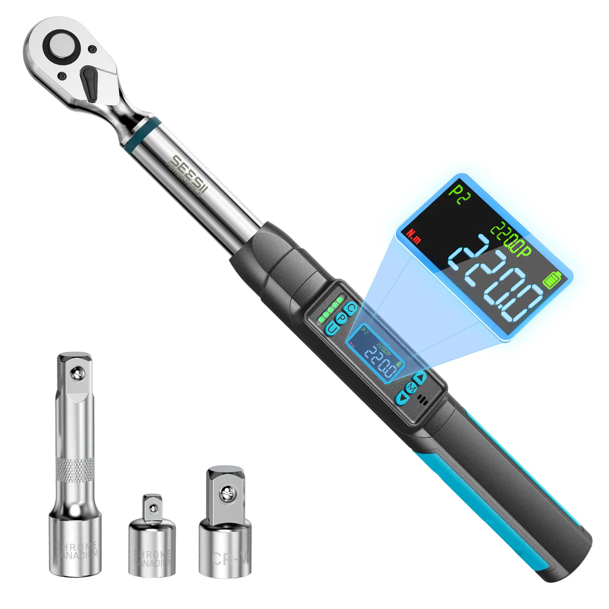 A 3/8 inch digital torque wrench with an LCD display and included socket adapters.