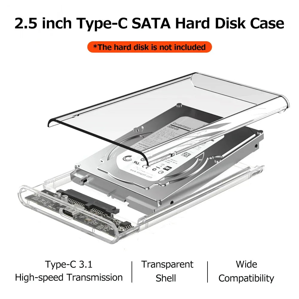 Exploded view of a clear 2.5 inch SATA hard drive enclosure