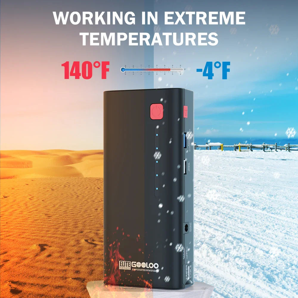 Black portable jump starter shown against a split hot desert and cold snowy background