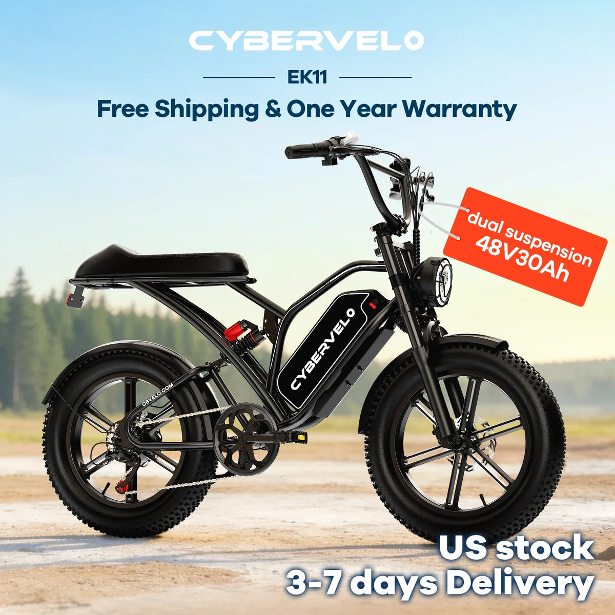 Black fat tire electric bike with 48V battery, dual suspension, in an outdoor setting.
