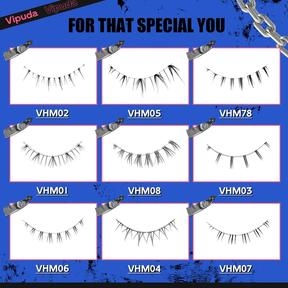 Catalog view of various styles of individual lower false eyelashes labeled with codes