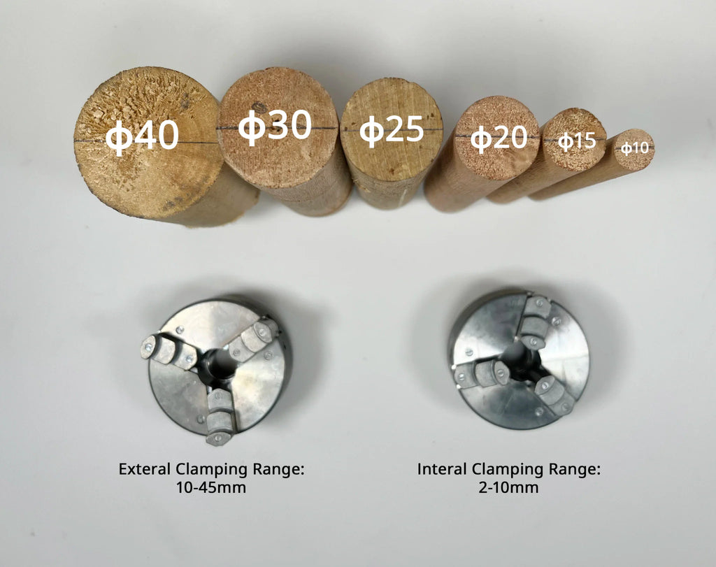 Wood material samples with diameter sizes and lathe chuck clamping range