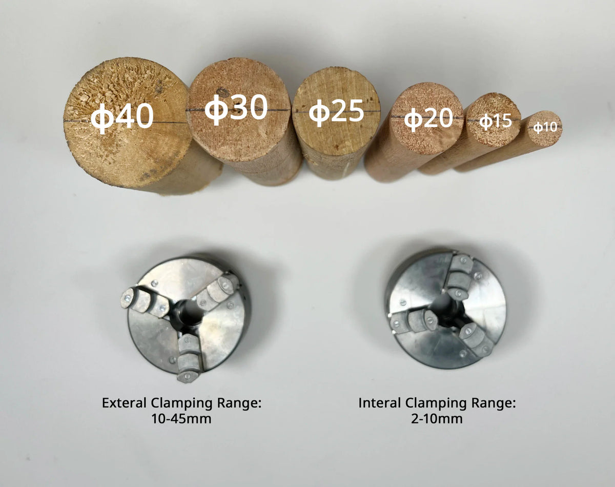 Wood material samples with diameter sizes and lathe chuck clamping range