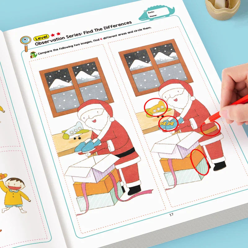 A page from a children's activity book featuring Santa Claus with gifts, with red circles highlighting differences between