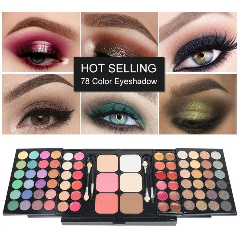 A multi-color makeup palette shown with various eye makeup looks