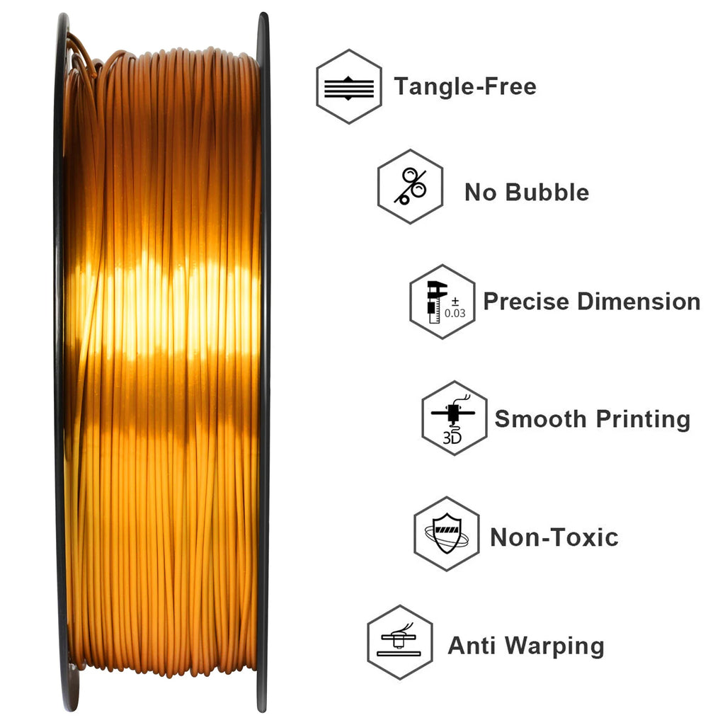 A spool of gold 3D printer filament with feature icons