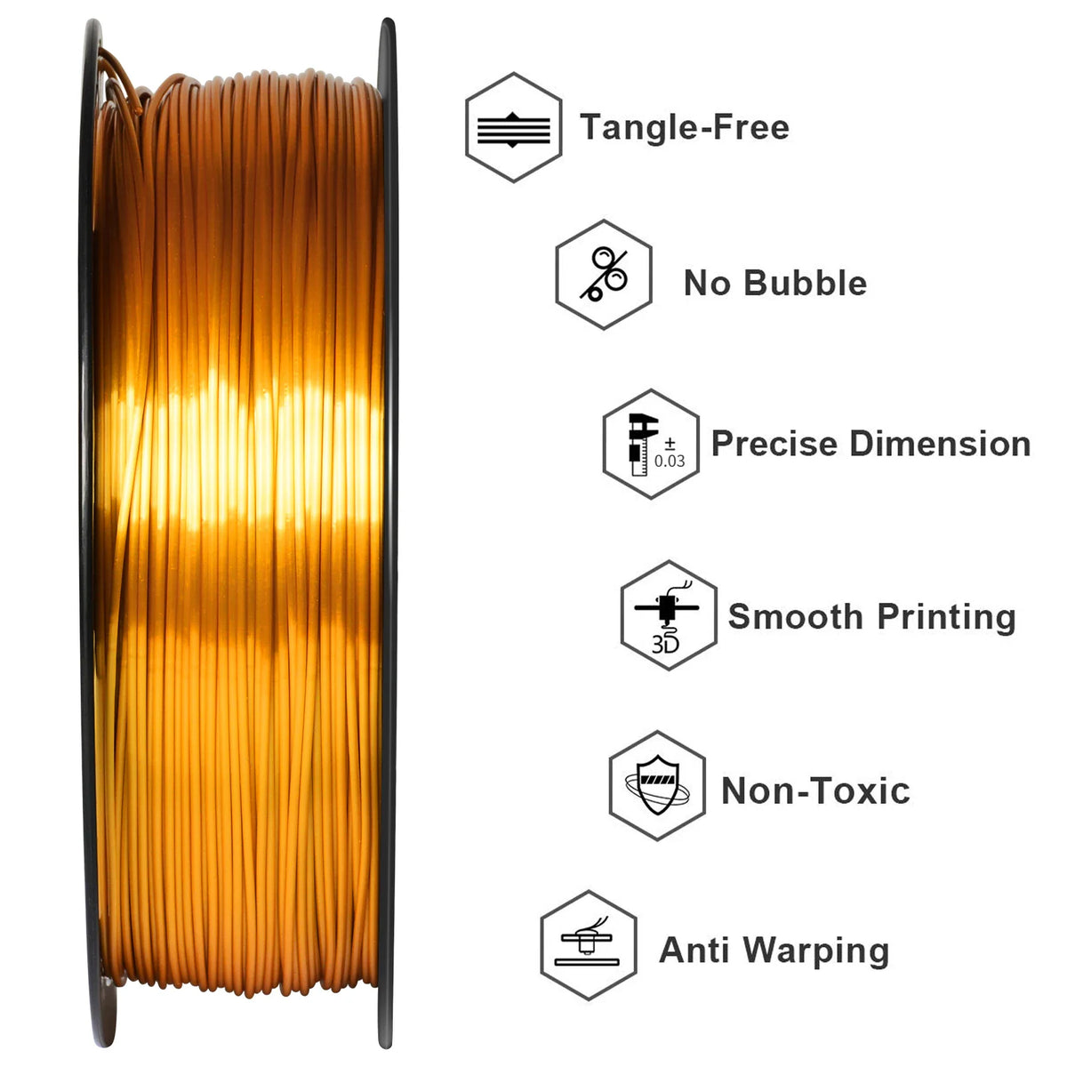 A spool of gold 3D printer filament with feature icons