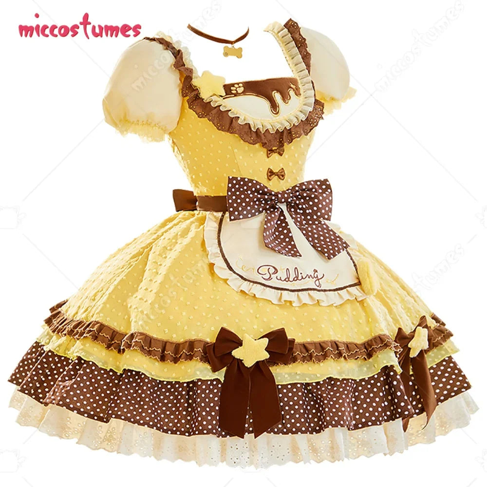 Yellow and brown pudding-themed Lolita dress with polka dot apron and ruffled hem