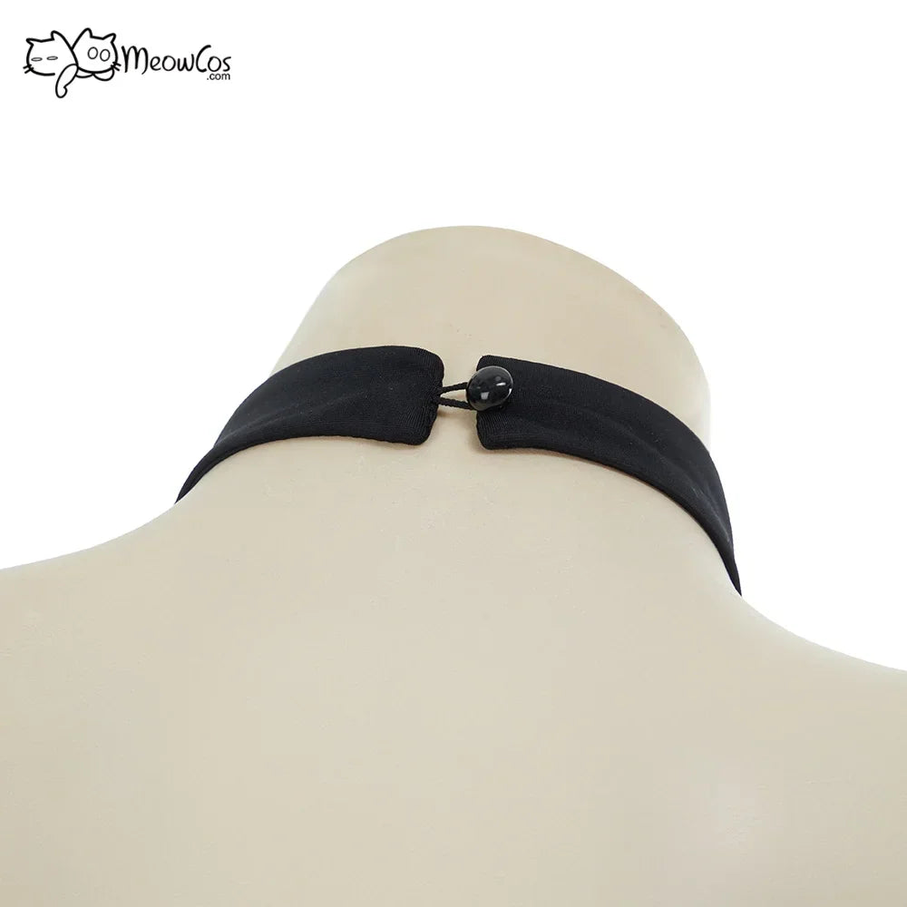 Close-up of the back neck closure on a black gothic one-piece swimsuit