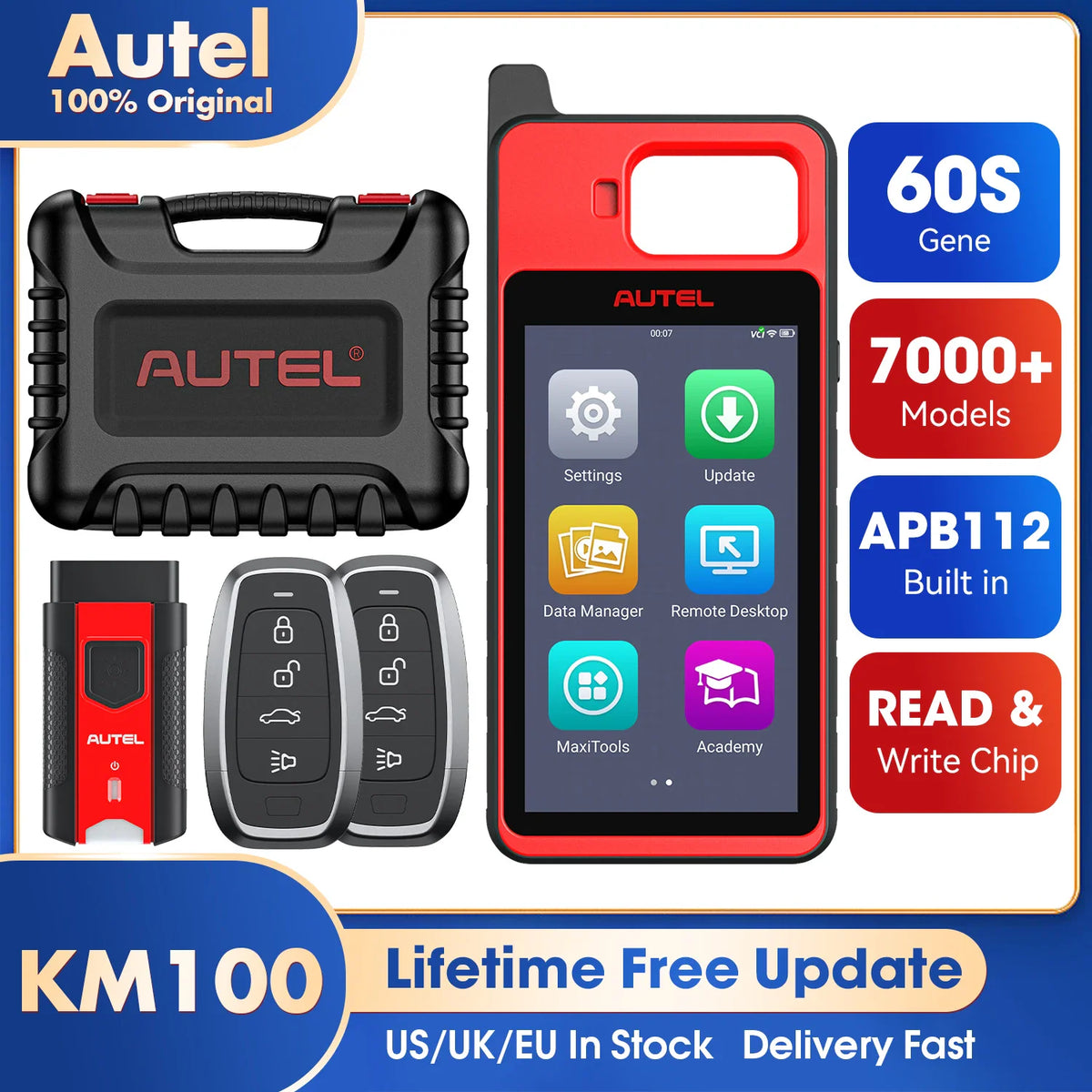 Diagnostic tool kit with tablet, key fob, and hard carrying case for car key programming.