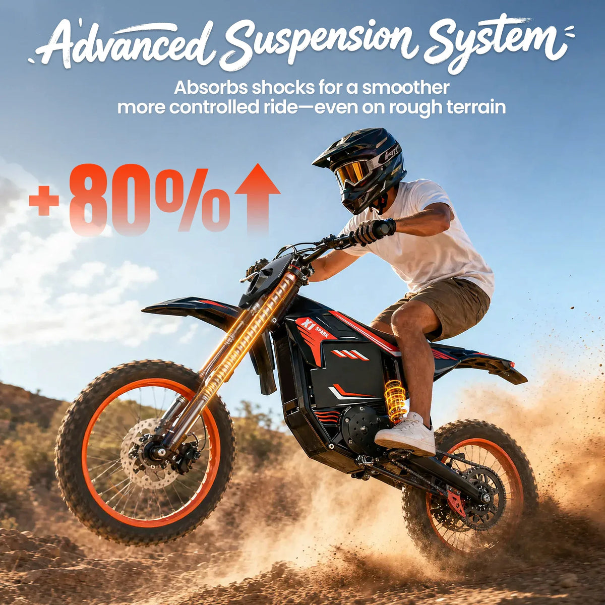 Electric dirt bike in action on a dirt track with person riding