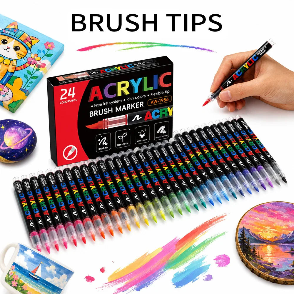 Acrylic paint brush marker set with box and examples of painted rocks and art