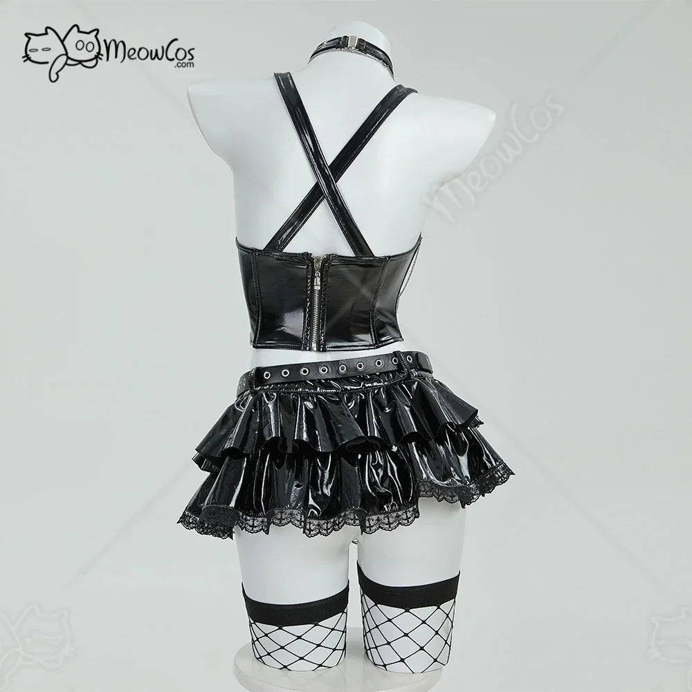 Back view of gothic black faux leather corset top and ruffled mini skirt costume with fishnet stockings