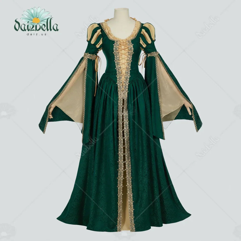 Green and beige medieval renaissance dress on a mannequin with lace-up front and wide sleeves